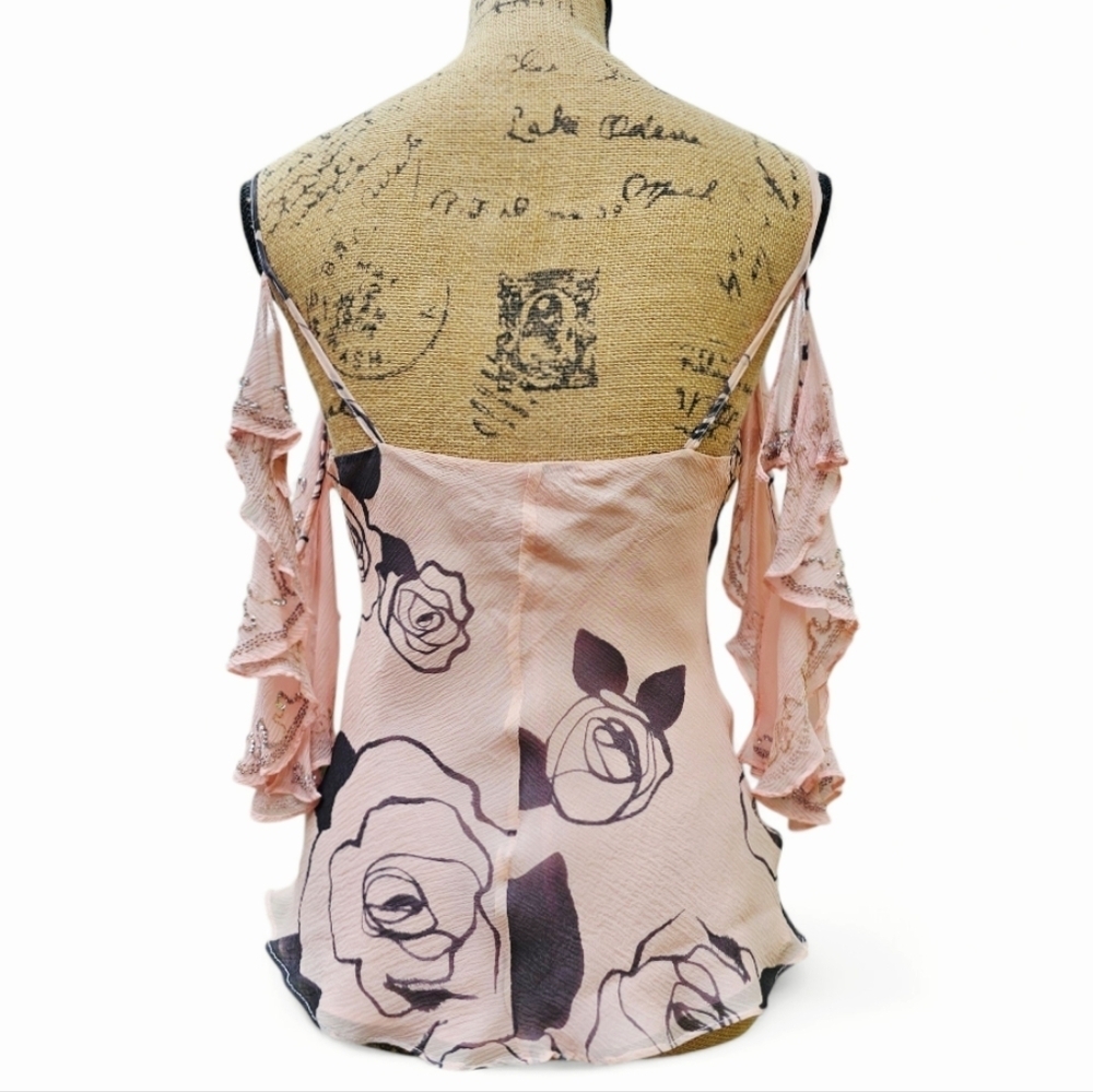 Rebecca Taylor Pink Silk Cold Shoulder Ruffled Top, Size 4 - Picture 3 of 8